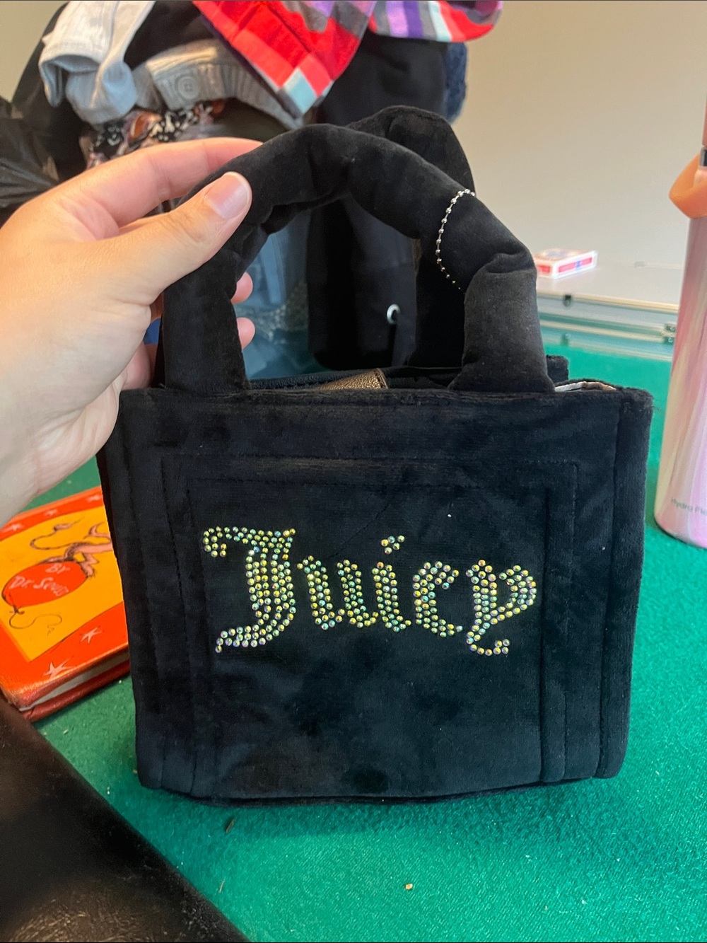 Juicy Couture Black Velvet Mini Tote with Rhinestone 'Juicy' Logo